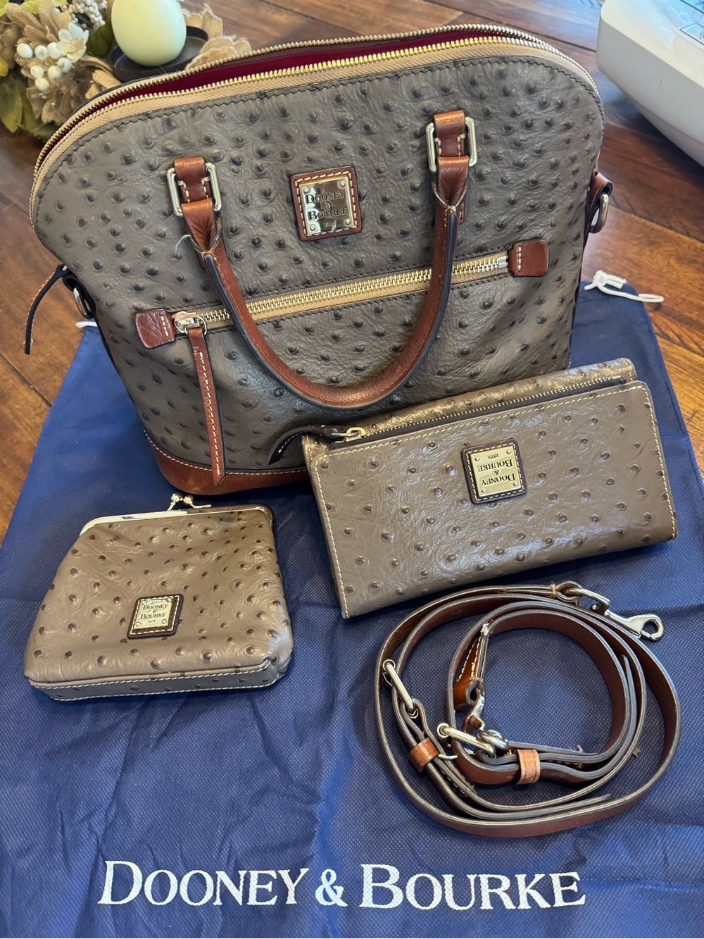 Dooney & Bourke Mushroom Ostrich-Embossed Satchel Set with Wallet & Coin Pouch